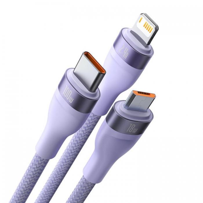 UTGATT1 - Baseus 3in1 Snabbladdningskabel Lightning, USB-C, microUSB 100W 1.2m - Lila