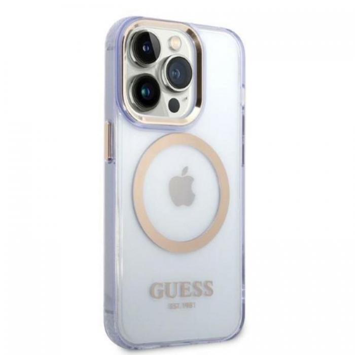 Guess - Guess iPhone 14 Pro Mobilskal MagSafe Guld Outline Translucent - Lila
