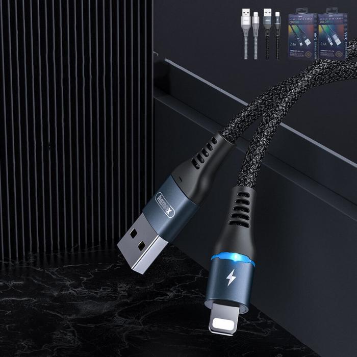 UTGATT1 - Remax Wire USB lightning Kabel LED ljus 2,4 A 1 m Svart