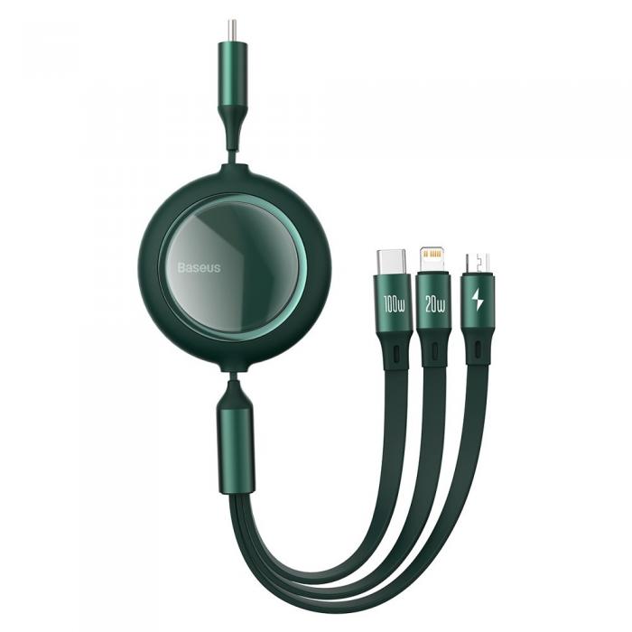 UTGATT5 - Baseus Retractable Kabel 3in1 Lightning - Micro USB - USB-C 100W 1,2m - Grn
