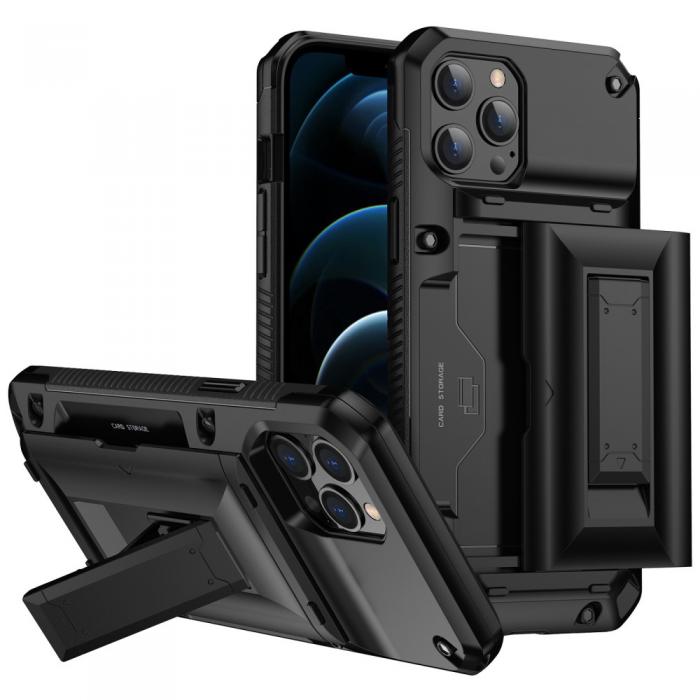 A-One Brand - iPhone 12 Pro Max Skal Korthllare Built-in Kickstand - Svart