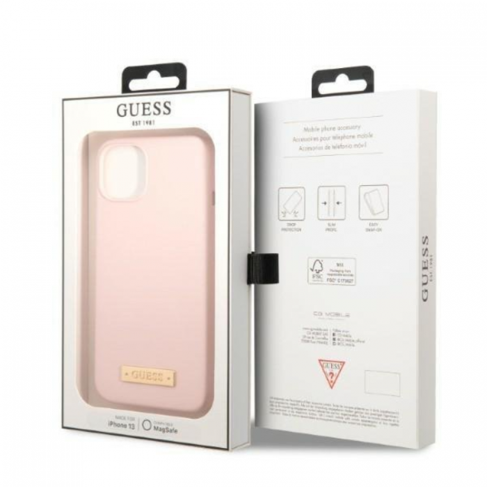 Guess - Guess iPhone 13 Mini Skal MagSafe Silicone Logo Plate - Rosa