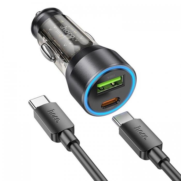 Hoco - Hoco Billaddare USB-C/USB-A Med Kabel - Svart/Transparent