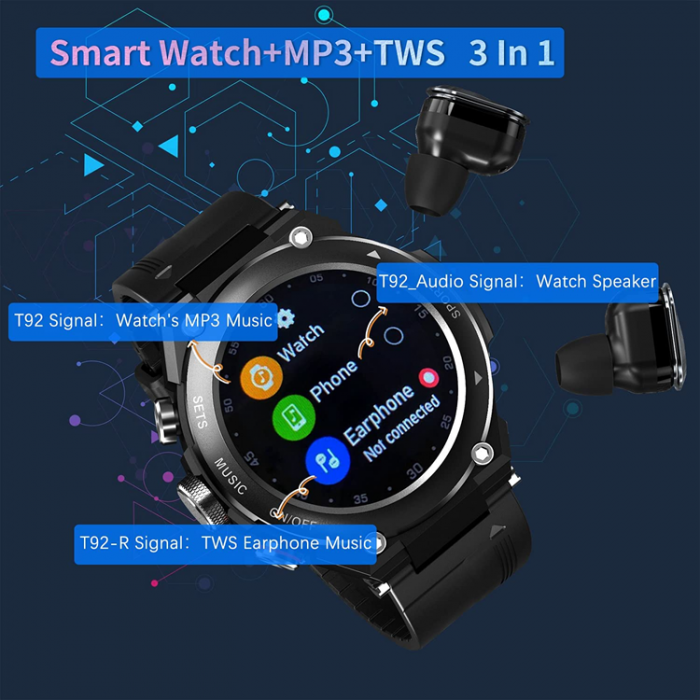 LEMFO - 2-i-1 Smart Watch med Earbuds TWS Bluetooth 5.0 - Svart