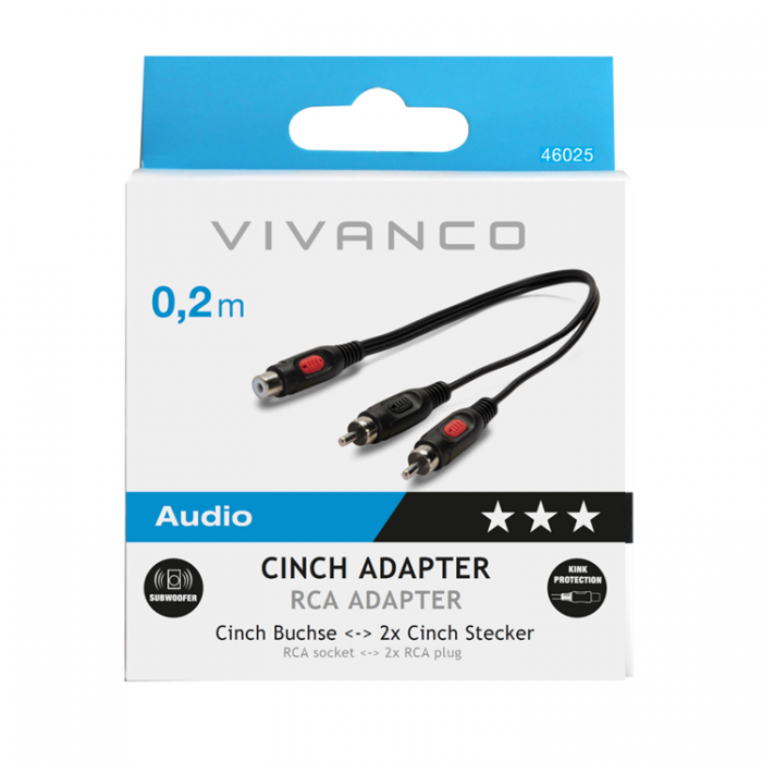 UTGATT1 - Vivanco Audio Adapter 1xRCA Hane/2xRCA Hona 0,2m - Svart