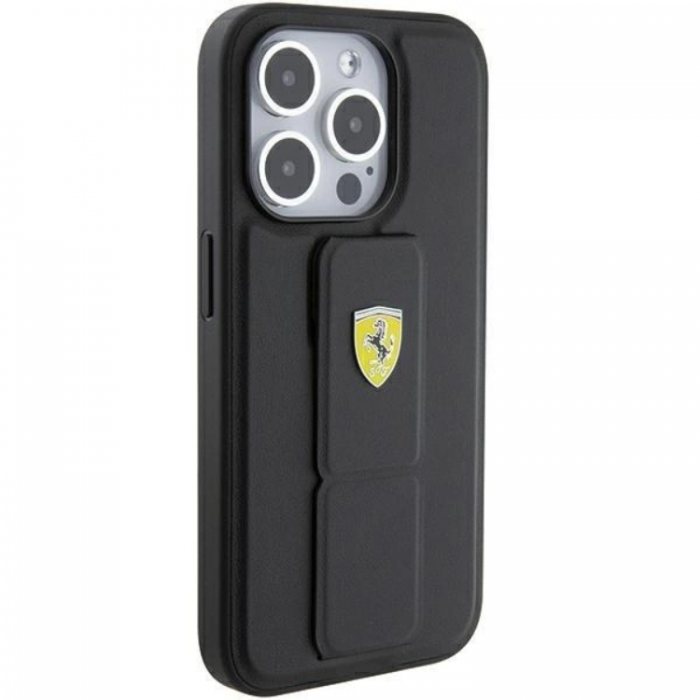 Ferrari - Ferrari iPhone 15 Pro Mobilskal Grip Stand Metal Logo - Svart