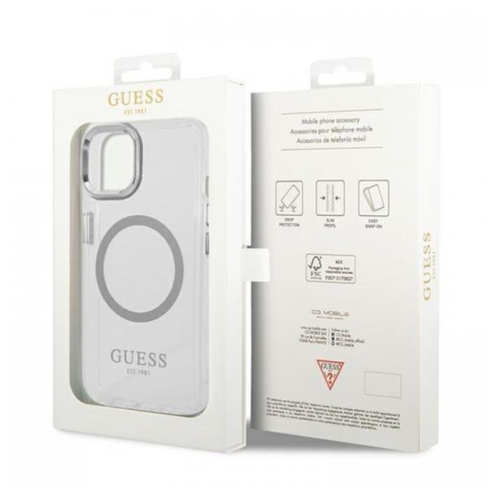 Guess - GUESS iPhone 14 Skal Magsafe Metal Outline - Silver