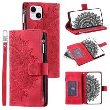 A-One Brand - iPhone 15 Plus Plånboksfodral Mandala Flower Imprinted - Röd