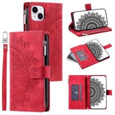 A-One Brand - iPhone 15 Plus Plånboksfodral Mandala Flower Imprinted - Röd