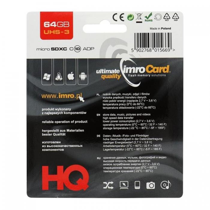 Imro - Imro Minneskort MicroSD 64GB Med Adapter UHS 3