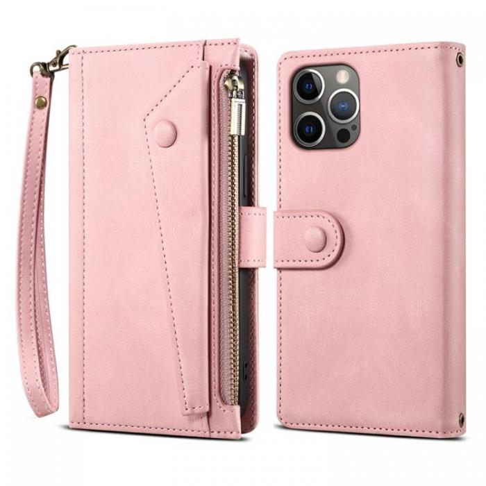 A-One Brand - iPhone 14 Pro Max Plnboksfodral Flap Zipper Strap - Rosa