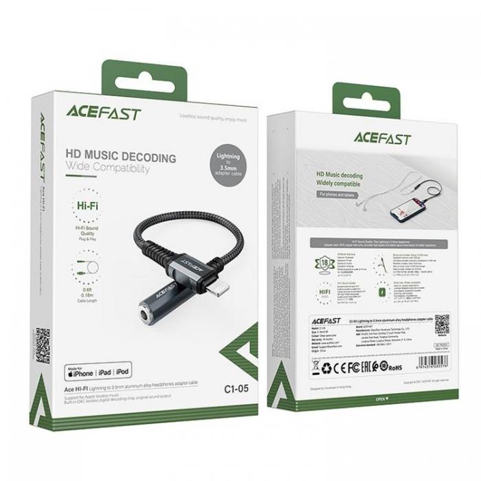 Acefast - Acefast MFI Ljud Lightning 3.5 mm Mini Jack Kabel 18cm - Gr