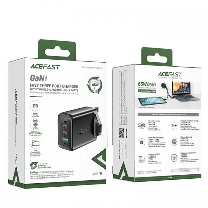 Acefast - Acefast UK Vggladdare 65W 1xUSB Till 2xUSB-C - Svart