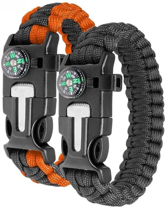 A-One Brand - [2-PACK] verlevnadsarmband Paracord l kompass, visselpipa, flintbrandstartare