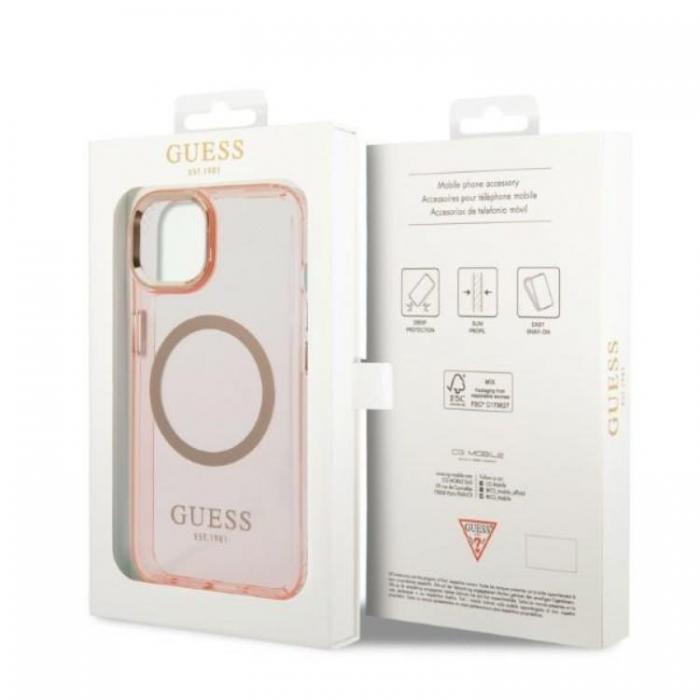 Guess - GUESS iPhone 14 Plus Skal MagSafe Gold Outline Translucent - Rosa