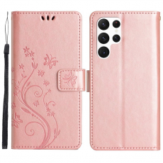 A-One Brand - Galaxy S23 Ultra Plånboksfodral Imprinting Flower Butterfly - Rosa Guld