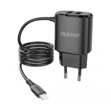 Dudao&#8233;Dudao 2x USB Väggladdare med built-in lightning 12 W Kabel Svart&#8233;