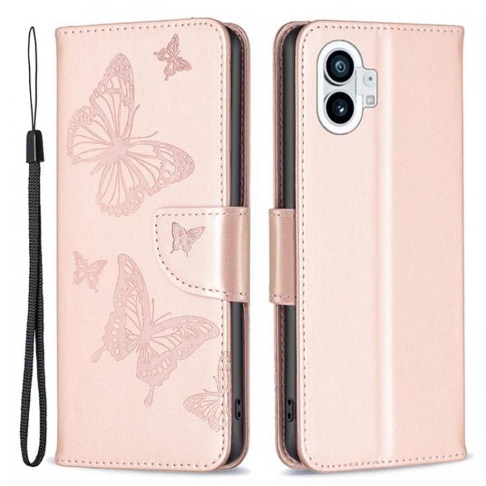 A-One Brand - Nothing Phone 1 Plnboksfodral Butterfly Imprinted - Rosa Guld