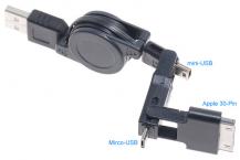 A-One Brand - 3-in-1 USB Retractable ladd/Sync kabel (Svart)