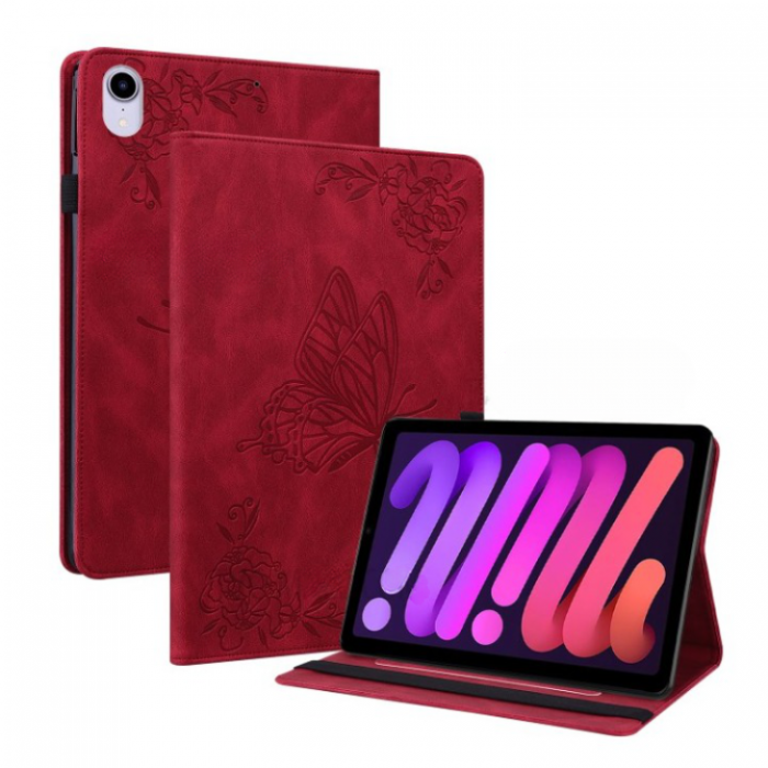 A-One Brand - iPad mini 6 (2021) Fodral Imprinted Butterfly Flower - Rd