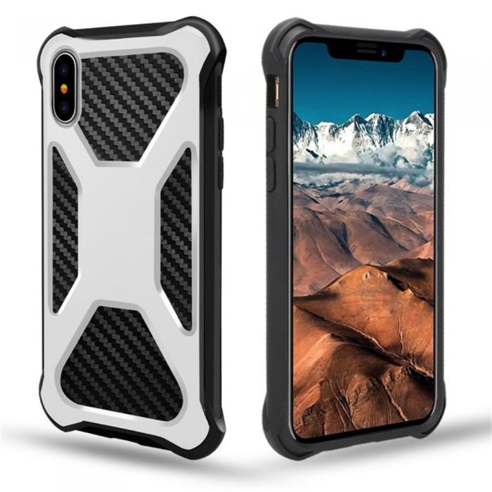 A-One Brand - Carbon Fiber Texture 2-in-1 mobilskal med bltesfodral iPhone XS / X - Vit