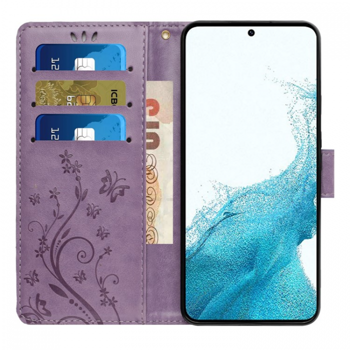 A-One Brand - Galaxy S23 Plnboksfodral Imprinting Flower Butterfly - Lila