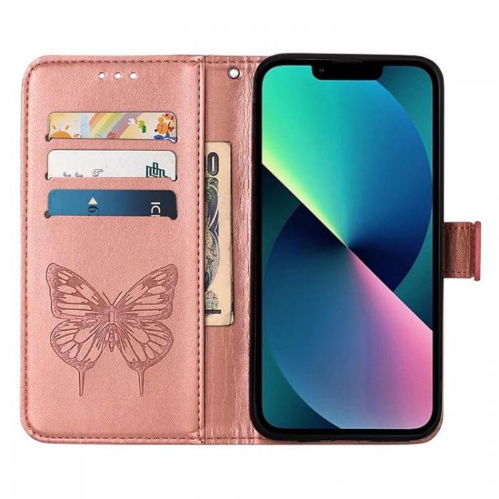 A-One Brand - iPhone 14 Plus Plnboksfodral Butterfly Flower Imprinted - Rosa Guld