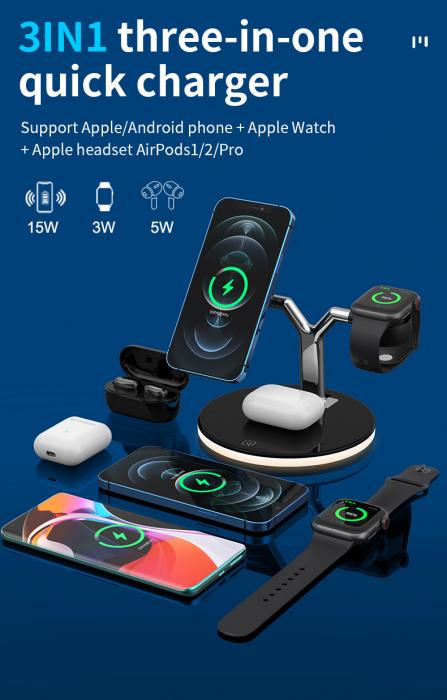 A-One Brand - 3in1 - 25W Magsafe Trdls laddare iPhone - Apple Watch - AirPods - Vit