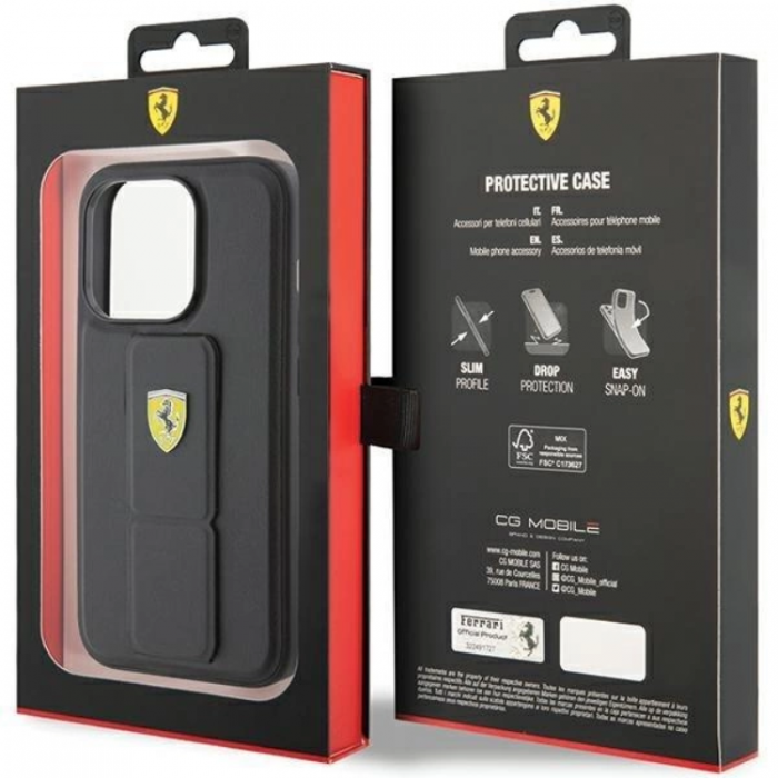 Ferrari - Ferrari iPhone 15 Mobilskal Grip Stand Metal Logo - Svart