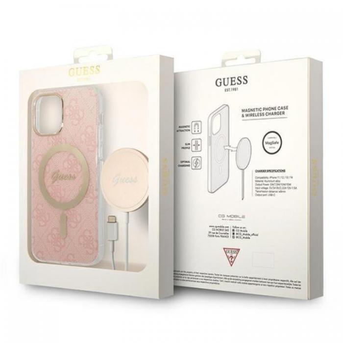 Guess - Guess iPhone 12/12 Pro Magsafe Skal 4G Print + Trdls Laddare - Rosa