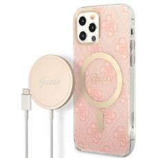 Guess - Guess iPhone 12/12 Pro Magsafe Skal 4G Print + Trådlös Laddare - Rosa