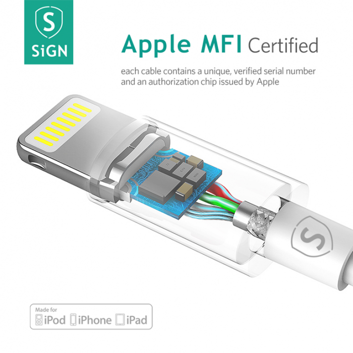 SiGN - SiGN Lightning-kabel till iPhone / iPad, MFi-certifierad, 1m - Vit