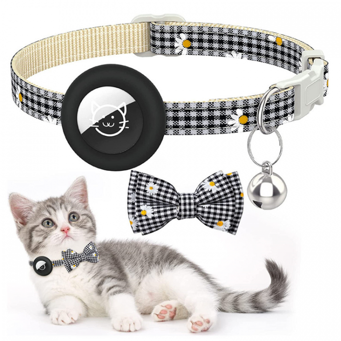 A-One Brand - Airtag Skal Bow Cat Collar med Breakaway Bell - Svart