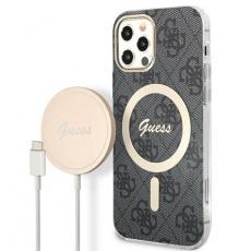 Guess - Guess iPhone 12/12 Pro Magsafe Skal 4G Print + Trådlös Laddare - Svart