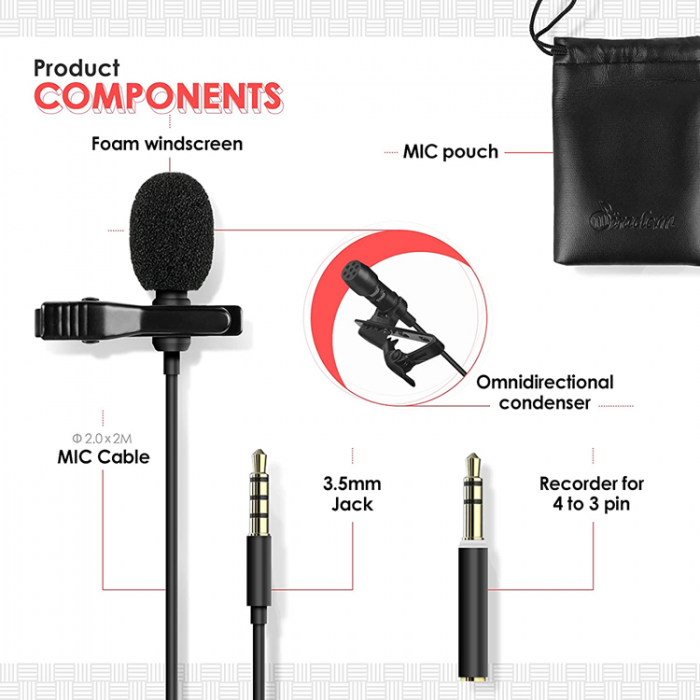 Lavalier - Lavalier Wired Omnidirectional 3.5mm Clip On Mikrofoner - Svart