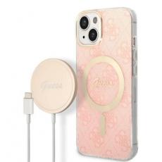 Guess - GUESS iPhone 14 Plus Magsafe Skal 4G Print + Trådlös Laddare - Rosa