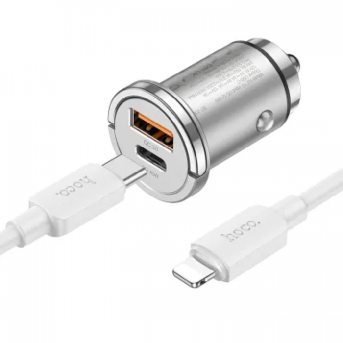Hoco - Hoco Billaddare 2-Port USB Med Kabel - Silver