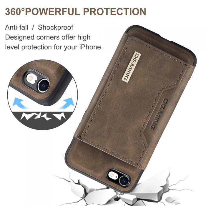 DG.MING - iPhone 7/8/SE 2020 Skal DG.MING Magnetic Tri-fold Wallet Med Kickstand - Coffee