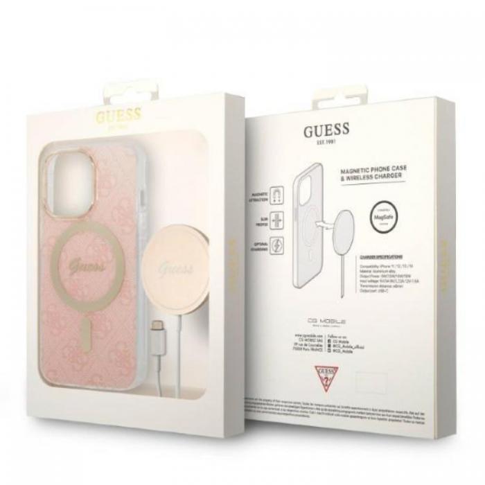 Guess - Guess iPhone 13 Pro Magsafe Skal 4G Print + Trdls Laddare - Rosa