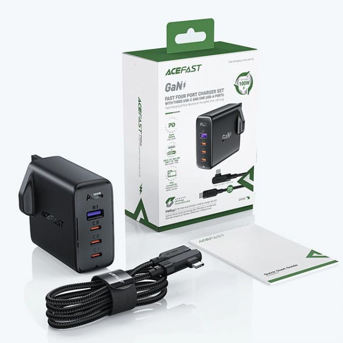 Acefast - Acefast GaN Snabbladdare 3x USB-C 1x USB 100W UK - Svart