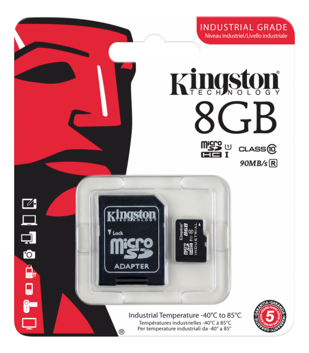UTGATT5 - Kingston 8GB microSDHC UHS-I Class 10 Industrial Temp Card + SD Adapte