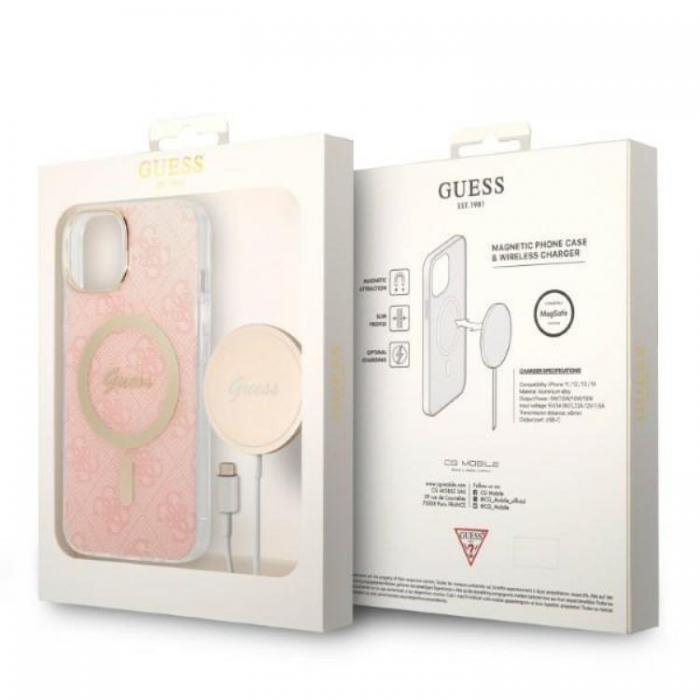 Guess - GUESS iPhone 14 Plus Magsafe Skal 4G Print + Trdls Laddare - Rosa