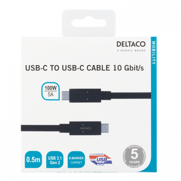 UTGATT1 - Deltaco USB-C till USB-C Kabel 0.5m 100W - Svart