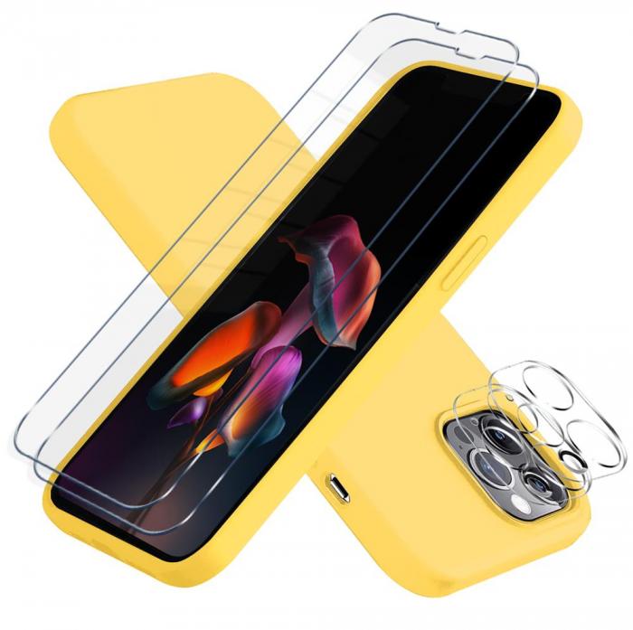 A-One Brand - iPhone 13 Pro [5-PACK] 1 X Skal - 2 X Kameralinsskydd - 2 X Hrdat Glas - Gul