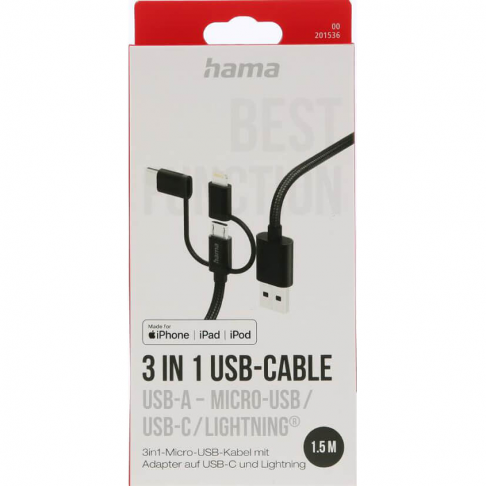 Hama - HAMA 3in1 USB-A till USB-C/Micro-USB/Lightning 1.5m - Svart