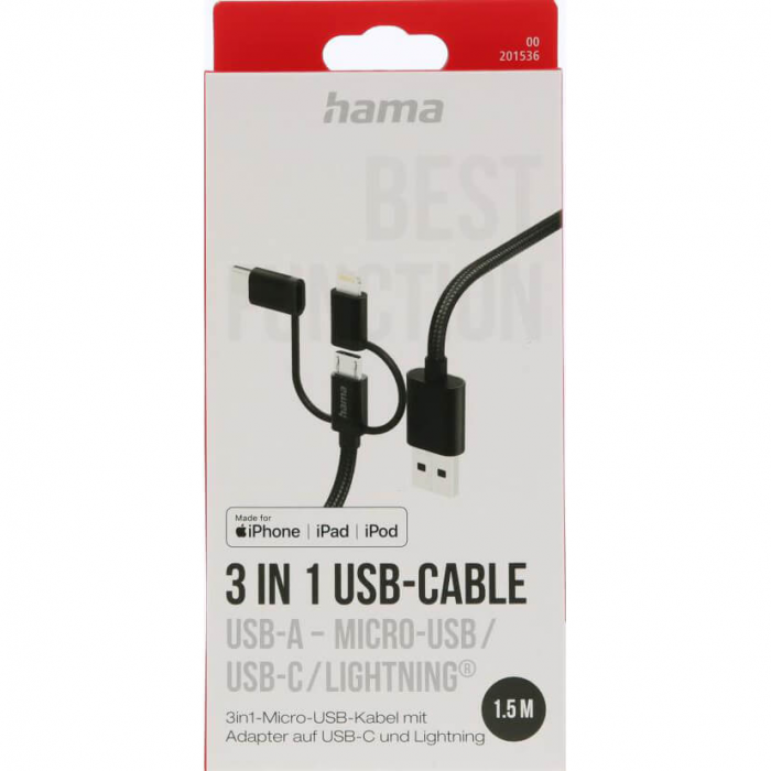 Hama - HAMA 3in1 USB-A till USB-C/Micro-USB/Lightning Kabel 1.5m - Svart
