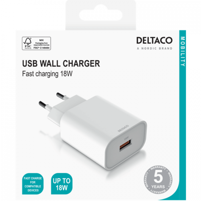 UTGATT1 - Deltaco Vggladdare 1x USB-A 18W - Vit