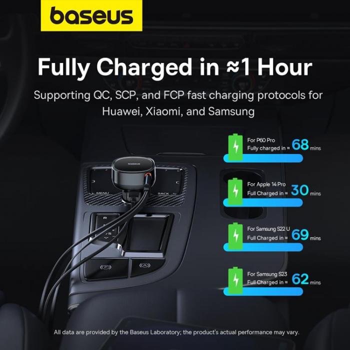 BASEUS - Baseus Enjoyment USB-A Billaddare med USB-C/Lightning 60W Kabel - Svart