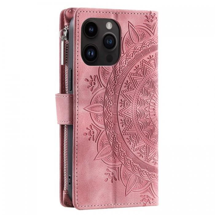 A-One Brand - iPhone 15 Pro Max Plnboksfodral Mandala Flower Imprinted - Rosa Guld