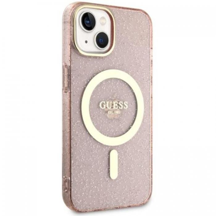 Guess - Guess iPhone 14 Mobilskal MagSafe Glitter Guld - Rosa